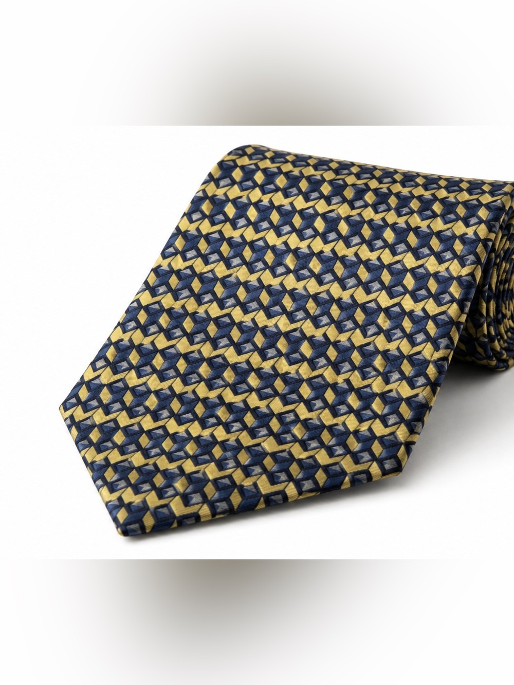 VTG André Ghekiere Paris Geometric Pattern Silk Tie Navy Blue & Yellow Necktie